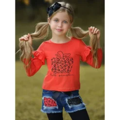 Girls Hello Pumpkin Top, Patched Denim Shorts & Legging Set Mia Belle Girls, Orange, 10 -Best Clothing Store GUEST 00d3de5b fd60 41f0 ad70 a2ccf9a07743