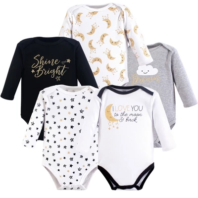 Yoga Sprout Cotton Long-Sleeve Bodysuits 5pk, Metallic Moon 3 Yoga Sprout Cotton Long-Sleeve Bodysuits 5pk, Metallic Moon