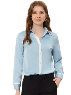 Allegra K Women's Work Office Blouse Contrast Trim Button Down Satin Shirt -Best Clothing Store GUEST 0546d3dc d86e 49a2 9cea 71e1bec05743