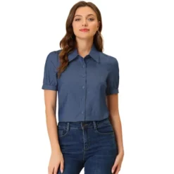 Allegra K Women's Point Collar Short Sleeve Button Down Denim Shirt -Best Clothing Store GUEST 065add36 599f 495d 939d c2e8825f1eb7