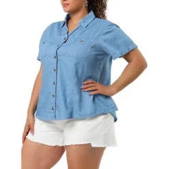 Agnes Orinda Women's Plus Size Jeans Short Sleeve Chest Pocket Button Down Denim Shirts -Best Clothing Store GUEST 086b4369 82b4 4ecd 8539 4731d795a110