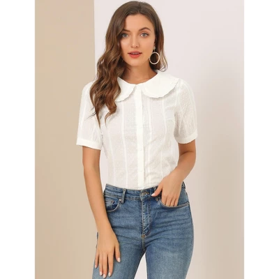 Allegra K Women's Peter Pan Collar Swiss Dots Short Sleeves Button Front Shirt 4 Allegra K Women's Peter Pan Collar Swiss Dots Short Sleeves Button Front Shirt - Image 2