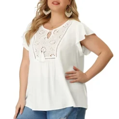 Agnes Orinda Women's Plus Size Blouse Ruffle Sleeve Lace Trim Tie Neck Peasant Top -Best Clothing Store GUEST 0a8eabfa 93d9 4144 b074 b1a138127b53