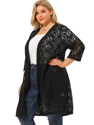 Agnes Orinda Women's Plus Size Lace Open Front 3/4 Sleeve Long Cardigans 5 Agnes Orinda Women's Plus Size Lace Open Front 3/4 Sleeve Long Cardigans - Image 3
