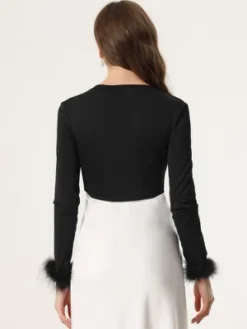 Allegra K Women's Tie Front Long Sleeve Faux Feather Cuff Open Navel Cardigan -Best Clothing Store GUEST 17657d80 c4b7 4e63 9209 a852f7cf2bc2