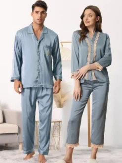 Cheibear Men's Sleepwear Long Sleeve Button Down Shirt Pants Matching Couple Pajama Sets