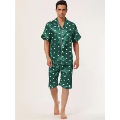 Lars Amadeus Men's Satin Pajama Set Cute Heart Print Button Down Short Sleepwear Loungewear Pjs Sets