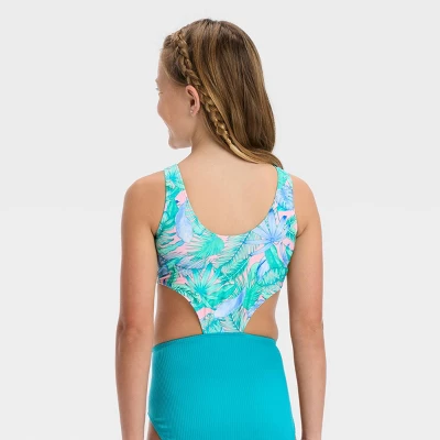 Girls' Floral Printed Tropical Twist Swimsuit - Art Class™ Light Blue 4 Girls' Floral Printed Tropical Twist Swimsuit - Art Class™ Light Blue - Image 2
