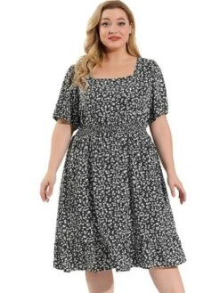 Agnes Orinda Women's Plus Size Ruffle Hem Smocked Waist Floral MIdi Shirt Dress -Best Clothing Store GUEST 1d5b9cf0 a898 45be 8076 b58dcc5d55bd