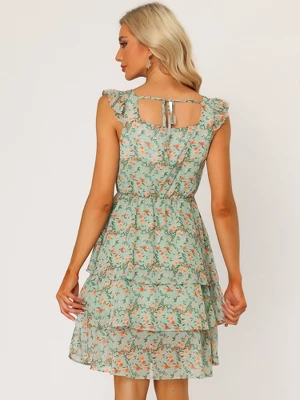 Allegra K Women's Floral Tie Back Sweetheart Ruffle Layered Sleeveless Mini Summer Dress 5 Allegra K Women's Floral Tie Back Sweetheart Ruffle Layered Sleeveless Mini Summer Dress - Image 3