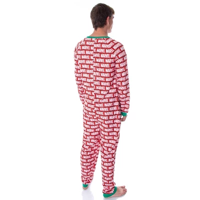 Marvel Logo Unionsuit With Christmas Lights Adult Onesie Pajamas Pjs Red 3 Marvel Logo Unionsuit With Christmas Lights Adult Onesie Pajamas Pjs Red