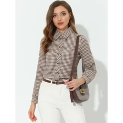 Allegra K Women's Turn Down Collar Plaid Button Up Shirt Long Sleeve Blouse Top