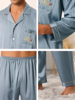 Cheibear Men's Sleepwear Long Sleeve Button Down Shirt Pants Matching Couple Pajama Sets -Best Clothing Store GUEST 20926f0e 15c3 41d0 941e 6559595bd60b