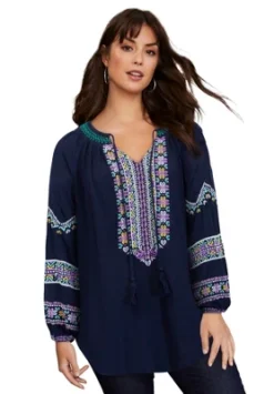 June + Vie By Roaman's Women’s Plus Size Embroidered Peasant Blouse