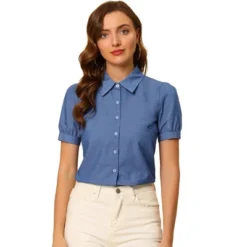Allegra K Women's Point Collar Short Sleeve Button Down Denim Shirt -Best Clothing Store GUEST 22388286 4c6c 4d59 815f 6187c9e1cdf3