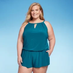 Women's UPF 50 High Neck Swim Romper With Pockets One Piece Swimsuit - Aqua Green® -Best Clothing Store GUEST 24418fab f0de 42c7 a97f 925600d59d97