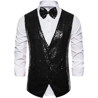 Lars Amadeus Men's Sequin Shiny Slim Fit Sleeveless Vest Suit Waistcoat Set With Bow Tie 12 Lars Amadeus Men's Sequin Shiny Slim Fit Sleeveless Vest Suit Waistcoat Set With Bow Tie - Image 10