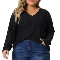 Agnes Orinda Women's Plus Size Long Sleeve Hollow Out V Neck Blouse