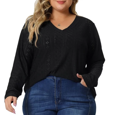 Agnes Orinda Women's Plus Size Long Sleeve Hollow Out V Neck Blouse 3 Agnes Orinda Women's Plus Size Long Sleeve Hollow Out V Neck Blouse