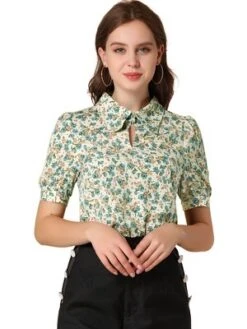 Allegra K Women's Vintage Floral Turndown Collar Split Neck Puff Short Sleeve Chiffon Elegant Blouse -Best Clothing Store GUEST 3c16041f 46de 4935 9264 bf175e281d4b
