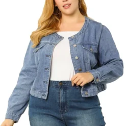 Agnes Orinda Women's Plus Size Long Sleeves Button Down Crew Neck Short Denim Jacket -Best Clothing Store GUEST 3ea82b7b 4482 4e6f 94b5 3a67823af9f5