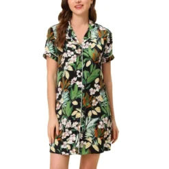Cheibear Womens Nightgown Pajama Satin Sleepshirt Button Down Floral Lounge Shirt Dress