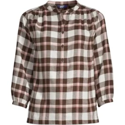 Lands' End Women's Flannel 3/4 Sleeve Smocked Shoulder Popover Shirt
