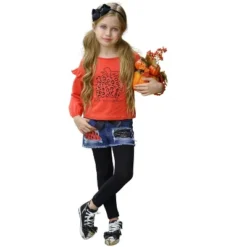 Girls Hello Pumpkin Top, Patched Denim Shorts & Legging Set Mia Belle Girls, Orange, 10