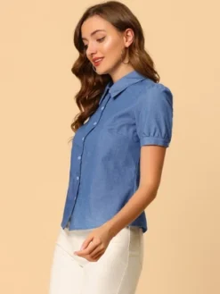 Allegra K Women's Point Collar Short Sleeve Button Down Denim Shirt -Best Clothing Store GUEST 45dcf87d c9e8 4f54 9c11 aaa9d3baf492
