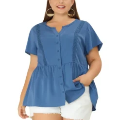 Agnes Orinda Women's Plus Size Shirt Bell Short Sleeve Button Down Collar Elastic Waist Flare Peplum Tops -Best Clothing Store GUEST 45faf897 d76d 4531 b3a6 b8842ef22dd2