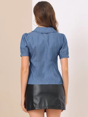 Allegra K Women's Chambray Peter Pan Collar Puff Sleeve Vintage Blouse 4 Allegra K Women's Chambray Peter Pan Collar Puff Sleeve Vintage Blouse - Image 2