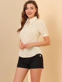 Allegra K Women's Vintage Floral Turndown Collar Split Neck Puff Short Sleeve Chiffon Elegant Blouse -Best Clothing Store GUEST 48259114 5912 4803 b466 2119718aa0ee