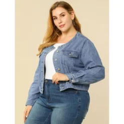 Agnes Orinda Women's Plus Size Long Sleeves Button Down Crew Neck Short Denim Jacket -Best Clothing Store GUEST 4a503c97 afe9 4671 9a81 c03d4fef7bb8