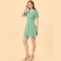 Allegra K Women's Plaid Gingham Puff Sleeve Ruffle Peter Pan Collar Vintage Dress