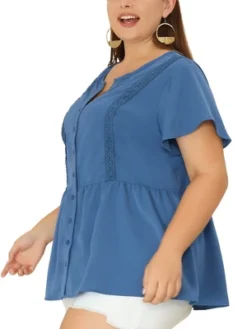 Agnes Orinda Women's Plus Size Shirt Bell Short Sleeve Button Down Collar Elastic Waist Flare Peplum Tops