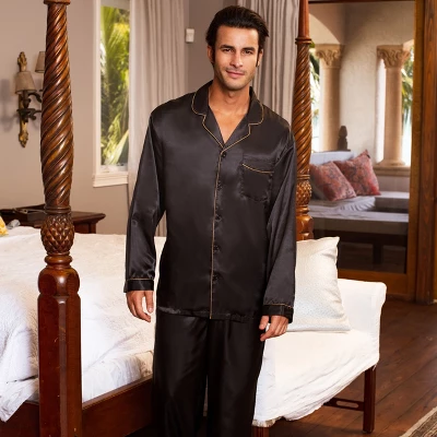 Men's Classic Satin Pajamas Lounge Set, Long Sleeve Top And Pants With Pockets, Silk Like PJs With Matching Sleep Mask 5 Men's Classic Satin Pajamas Lounge Set, Long Sleeve Top And Pants With Pockets, Silk Like PJs With Matching Sleep Mask - Image 3