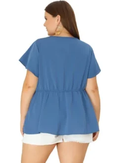 Agnes Orinda Women's Plus Size Shirt Bell Short Sleeve Button Down Collar Elastic Waist Flare Peplum Tops -Best Clothing Store GUEST 4fee4032 1f61 4c35 b25f 0ed979a6dcb0