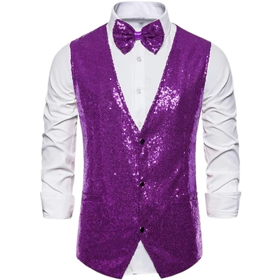 Lars Amadeus Men's Sequin Shiny Slim Fit Sleeveless Vest Suit Waistcoat Set With Bow Tie 13 Lars Amadeus Men's Sequin Shiny Slim Fit Sleeveless Vest Suit Waistcoat Set With Bow Tie - Image 11