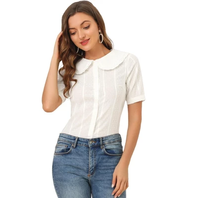 Allegra K Women's Peter Pan Collar Swiss Dots Short Sleeves Button Front Shirt 8 Allegra K Women's Peter Pan Collar Swiss Dots Short Sleeves Button Front Shirt - Image 6