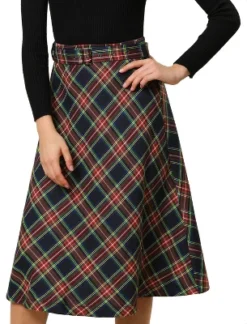 Allegra K Women's Tartan Plaid High Waist Belted Vintage A-Line Midi Skirt -Best Clothing Store GUEST 588a0698 2f0d 4318 abb4 0750b82eafb9