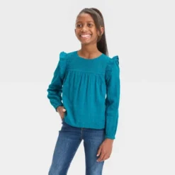 Girls' Long Sleeve Woven Ruffle Shirt - Cat & Jack™ Teal Blue -Best Clothing Store GUEST 592e6104 bfc5 4b6b ae09 941d46c41136