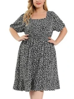 Agnes Orinda Women's Plus Size Ruffle Hem Smocked Waist Floral MIdi Shirt Dress