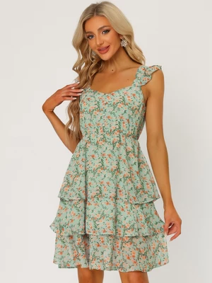 Allegra K Women's Floral Tie Back Sweetheart Ruffle Layered Sleeveless Mini Summer Dress 3 Allegra K Women's Floral Tie Back Sweetheart Ruffle Layered Sleeveless Mini Summer Dress