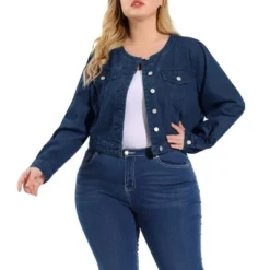 Agnes Orinda Women's Plus Size Long Sleeves Button Down Crew Neck Short Denim Jacket -Best Clothing Store GUEST 5d22ca30 f845 4536 946c d76e5ea465c1
