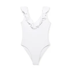 Liberty & Justice Women's High Leg Cheeky With Ruffle Neckline One Piece Swimsuit - White -Best Clothing Store GUEST 5f301446 dc46 4297 a836 aaabe93b8113