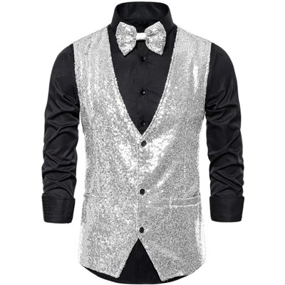 Lars Amadeus Men's Sequin Shiny Slim Fit Sleeveless Vest Suit Waistcoat Set With Bow Tie 10 Lars Amadeus Men's Sequin Shiny Slim Fit Sleeveless Vest Suit Waistcoat Set With Bow Tie - Image 8