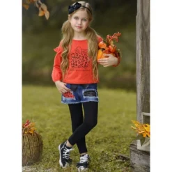 Girls Hello Pumpkin Top, Patched Denim Shorts & Legging Set Mia Belle Girls, Orange, 10 -Best Clothing Store GUEST 63a76451 7f41 4d23 b732 b61ffcf16e17