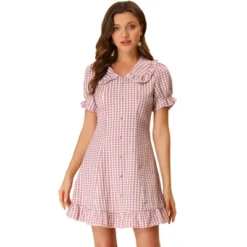 Allegra K Women's Plaid Gingham Puff Sleeve Ruffle Peter Pan Collar Vintage Dress -Best Clothing Store GUEST 642688fe 2aeb 4ead 9cfc e4ccb0554406
