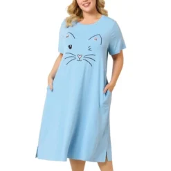 Agnes Orinda Womens Plus Size Short Sleeve Cute Cat Print Pockets Nightgown -Best Clothing Store GUEST 678b30b7 a1a3 49c4 a640 c9150c17ae5c