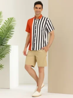 Lars Amadeus Men's Summer Hawaiian Short Sleeves Button Down Color Block Stripe Patchwork Shirts -Best Clothing Store GUEST 68fbb132 8fe6 44f7 ae1e cb5b18c70ab2